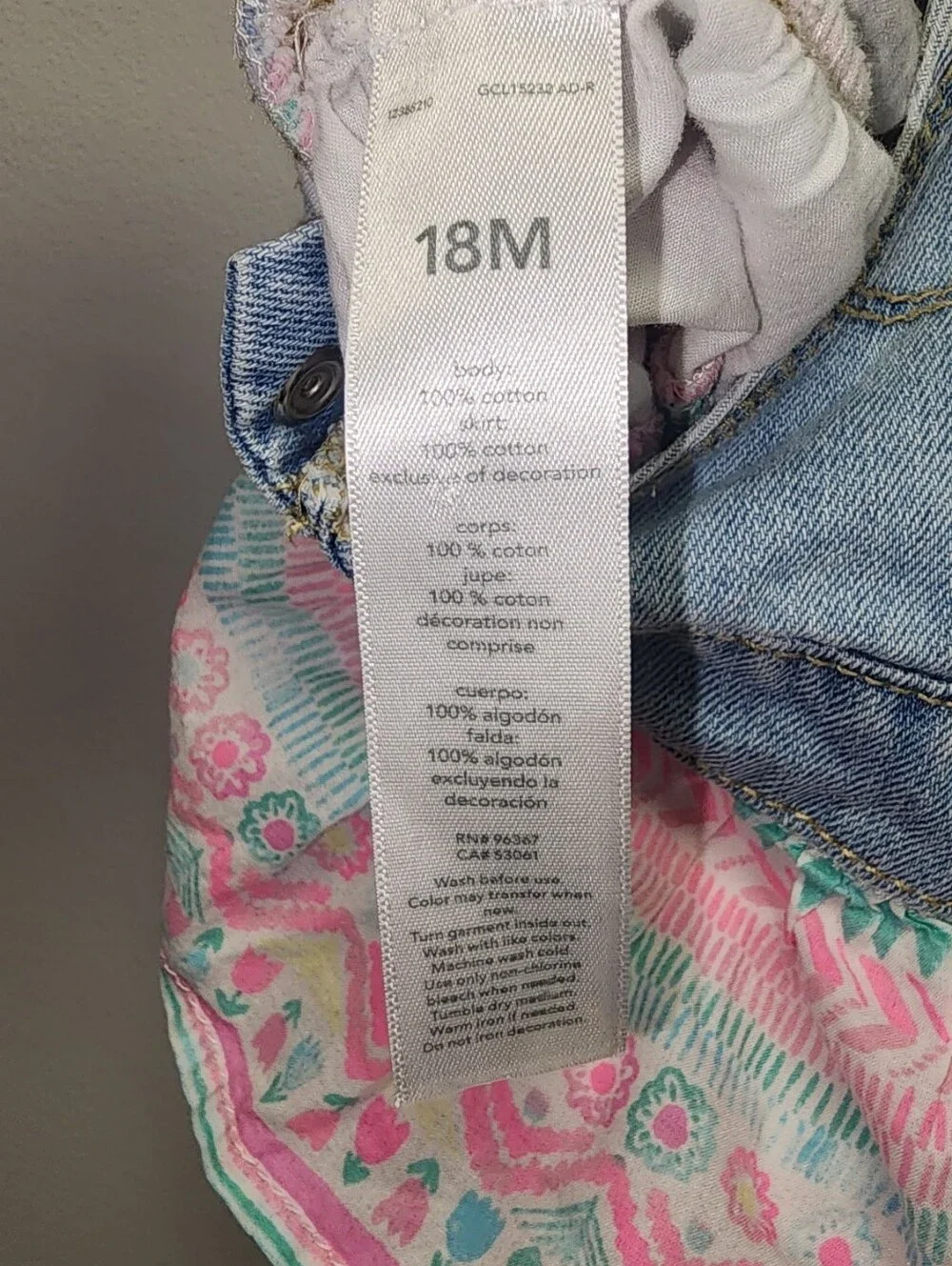 OshKosh B'gosh 18M Denim Overall Jumper Dress Tiered Ruffle Skirt Floral Pink